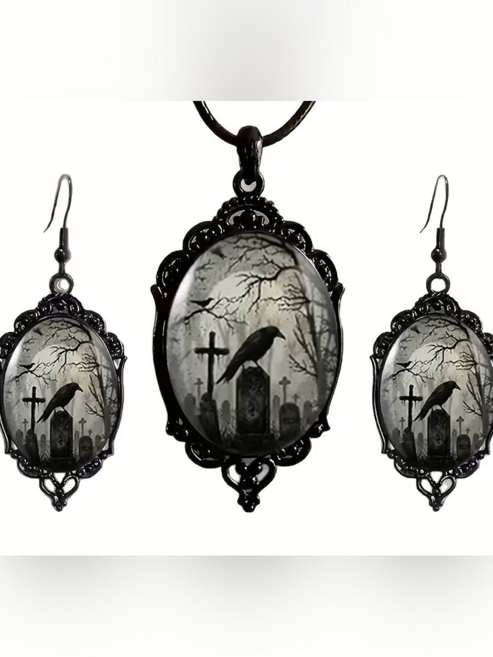 Cemetery Raven & Cross Glass Gothic Pendant Necklace & Earrings Set